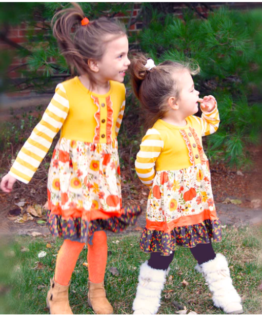 AnnLoren Pumpkin Floral Long Sleeve Dress