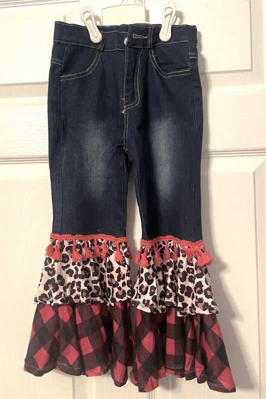 Buffalo Plaid Leopard Print Top with Denim Bell Bottom Jeans