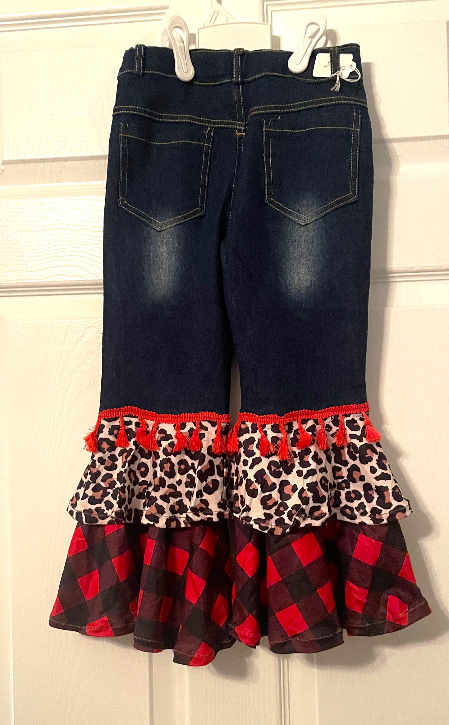 Buffalo Plaid Leopard Print Top with Denim Bell Bottom Jeans
