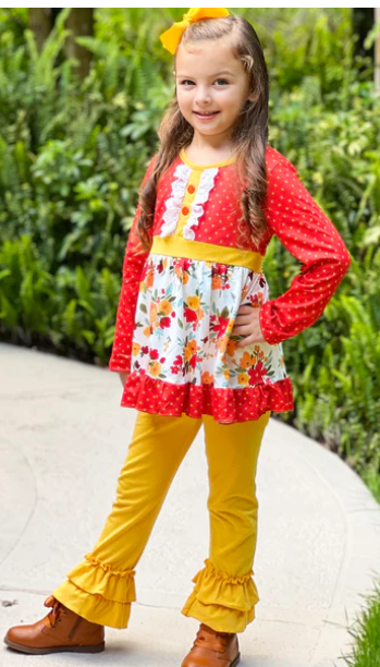 AnnLoren Fall Floral Tunic with Mustard Ruffle Pants Set