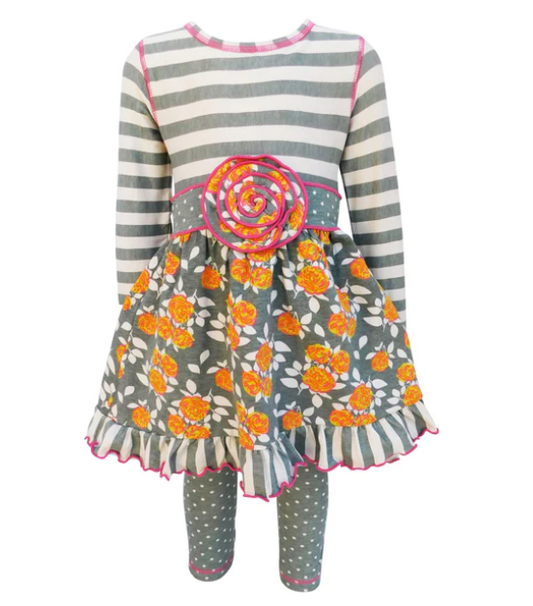 AnnLoren Grey Stiped/Floral Dress & Polka Dot Leggings Set