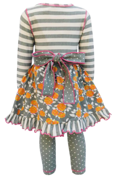 AnnLoren Grey Stiped/Floral Dress & Polka Dot Leggings Set