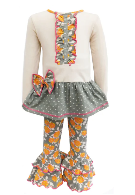AnnLoren Girls Vintage Floral Polka Dot Tunic with Ruffle Pants