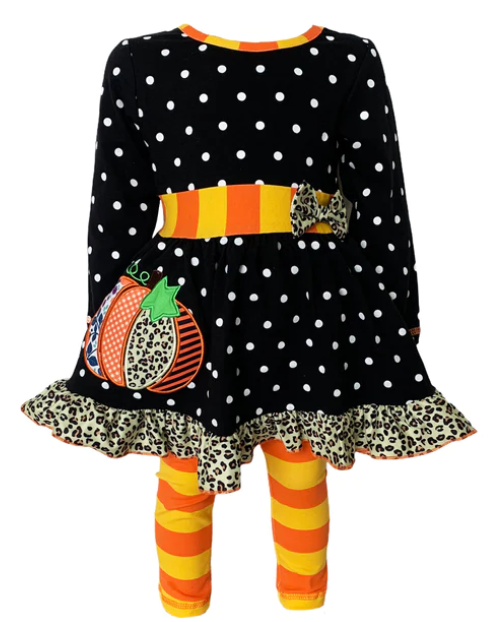 AnnLoren Black Polka Dot Pumpkin Tunic with Candy Corn Leggings