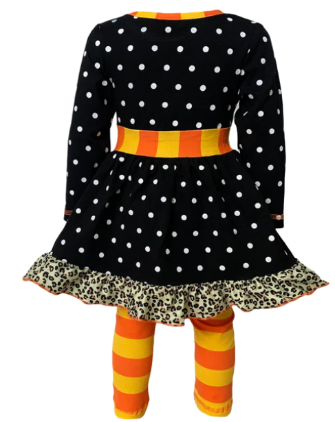 AnnLoren Black Polka Dot Pumpkin Tunic with Candy Corn Leggings